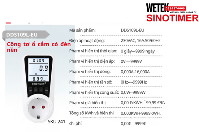 (SKU 241) DDS109L-EU Công tơ điện 230VAC, 16A.50/60Hz 0 giây---9999 ngày Sinotimer