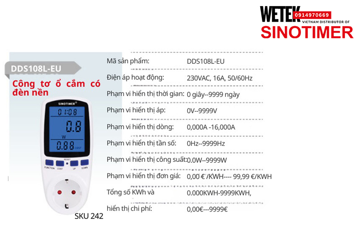 (SKU 242) DDS108L-EU Công tơ điện 230VAC, 16A, 50/60Hz 0 giây--9999 ngày  Sinotimer