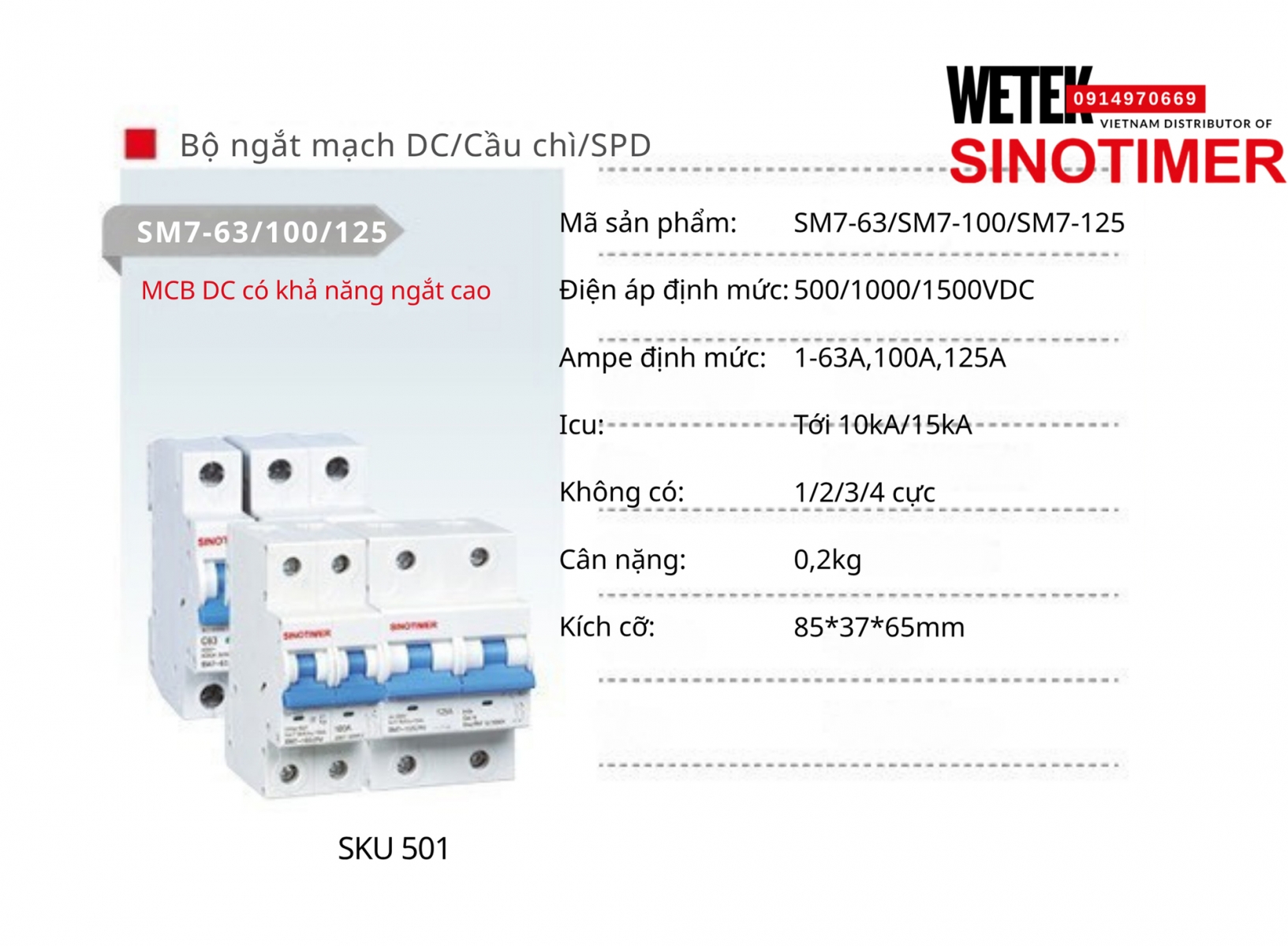 (SKU 501) Attomat MCB DC SM7-63/SM7-100/SM7-125 Sinotimer