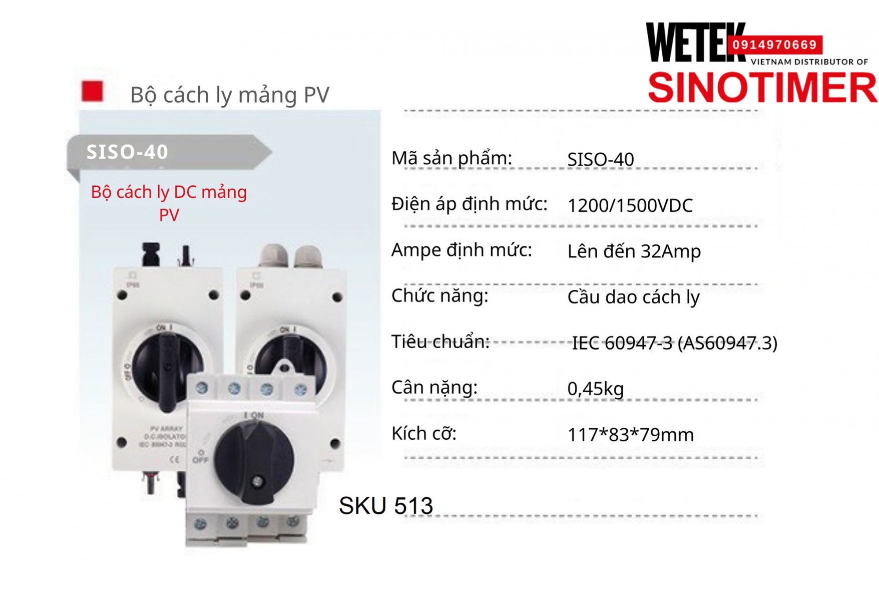 (SKU 513) Cầu dao cách ly DC PV Array SISO-40 Sinotimer