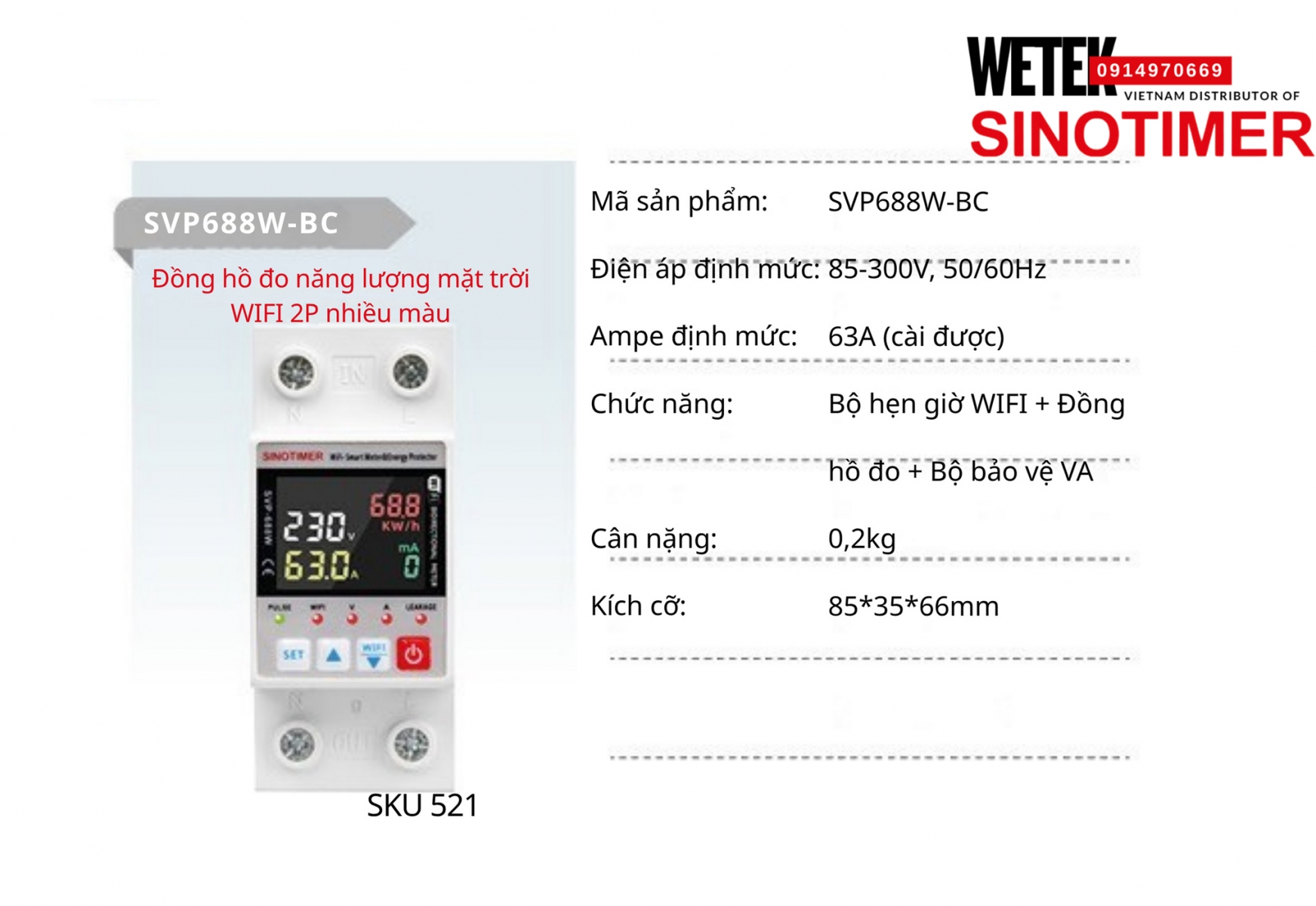 (SKU 521) Bộ bảo vệ kiêm đồng hồ công tơ wifi SVP688W-BC Sinotimer