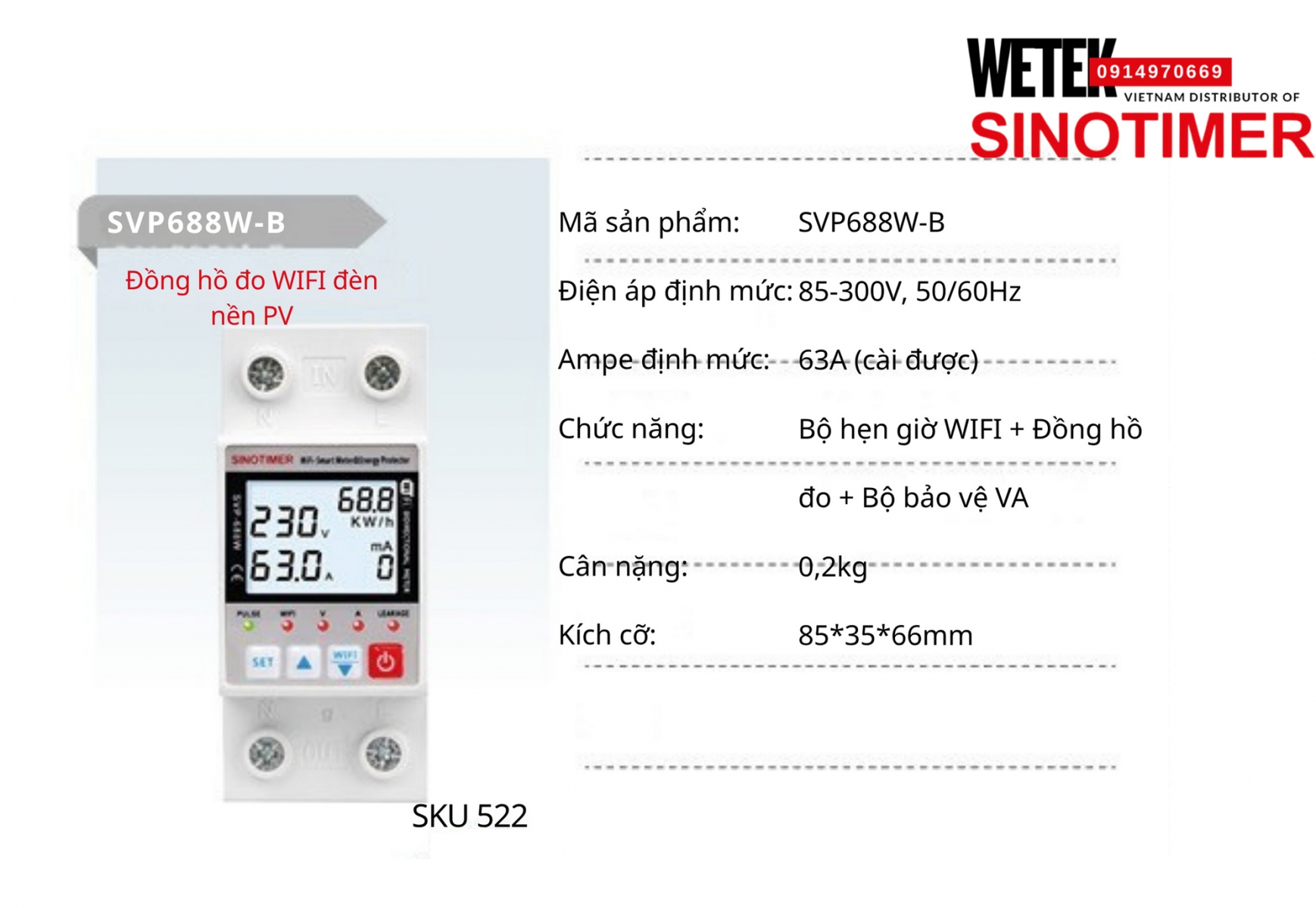 (SKU 522) Bộ bảo vệ kiêm đồng hồ công tơ wifi SVP688W-B Sinotimer
