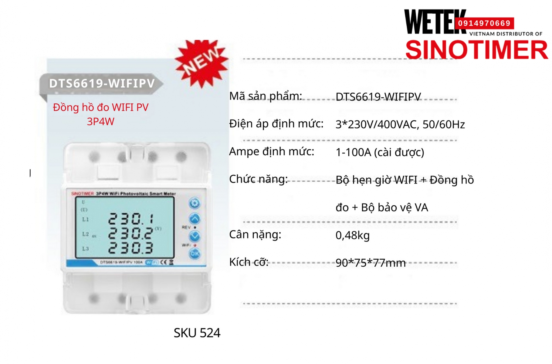 (SKU 524) Công tơ wifi 3 pha cho solar DTS6619-WIFIPV Sinotimer