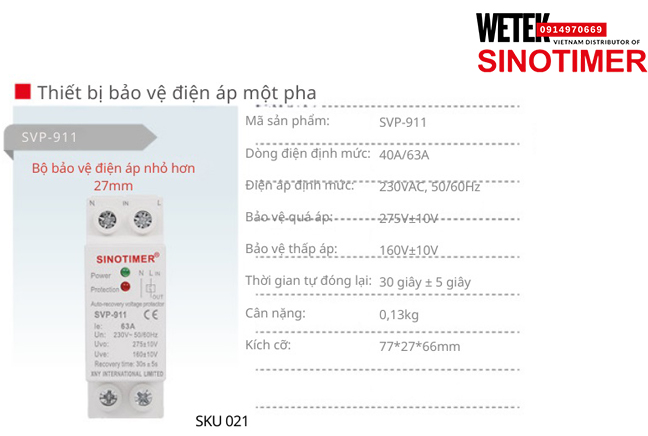 (SKU 021) SVP-911 40A/63A bảo vệ Quá áp Thấp áp Sinotimer