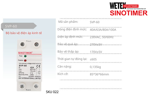 (SKU 022) SVP-60 40A/63A/80A/100A bảo vệ Quá áp Thấp áp Sinotimer