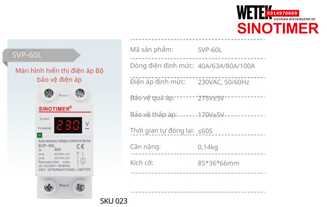(SKU 023) SVP-60L 40A/63A/80A/100A bảo vệ Quá áp Thấp áp Sinotimer
