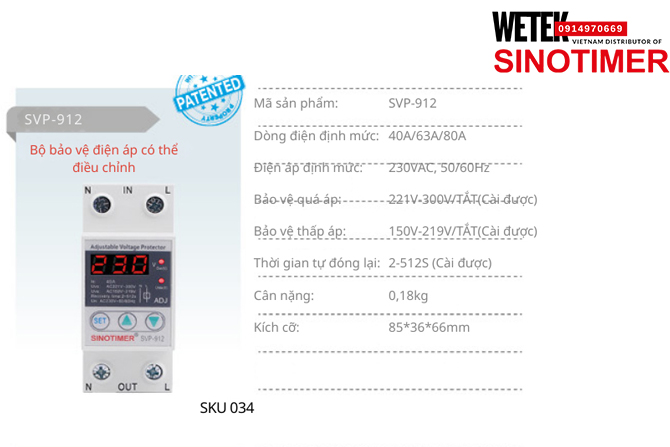 (SKU 034) SVP-912 40A/63A/80A bảo vệ Quá áp Thấp áp Sinotimer