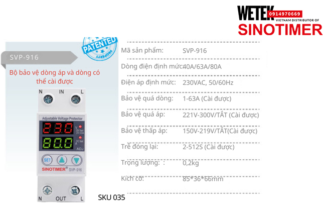 (SKU 035) SVP-916 40A/63A/80A bảo vệ Quá dòng Quá áp Thấp áp Sinotimer