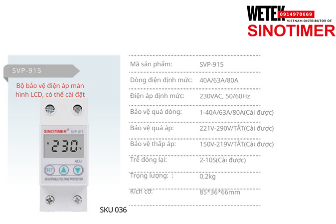 (SKU 036) SVP-915 40A/63A/80A bảo vệ Quá dòng Quá áp Thấp áp Sinotimer
