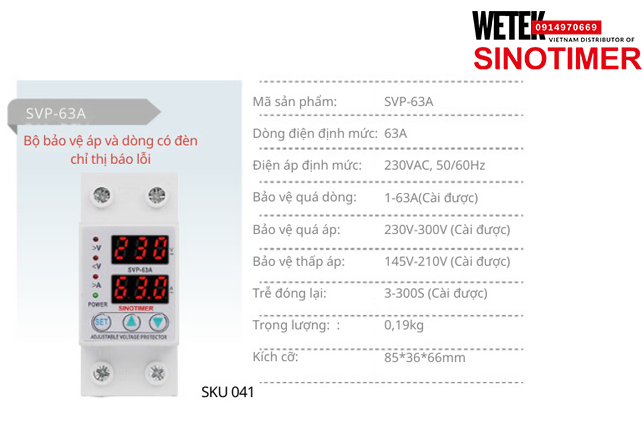 (SKU 041) SVP-63A 63A bảo vệ Quá dòng Quá áp Thấp áp Sinotimer