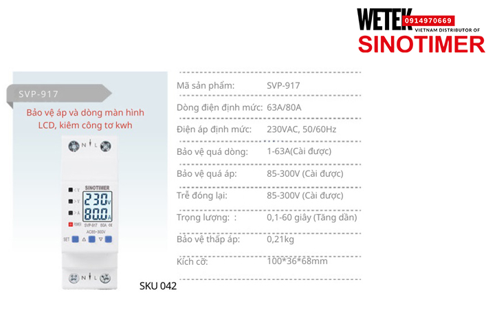 (SKU 042) SVP-917 63A/80A bảo vệ Quá dòng Quá áp Thấp áp Sinotimer