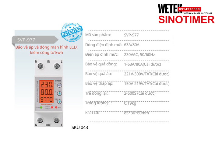 (SKU 043) SVP-977 63A/80A bảo vệ Quá dòng Quá áp Thấp áp Sinotimer