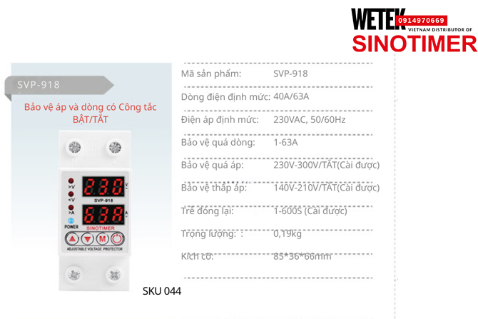 (SKU 044) SVP-918 40A/63A bảo vệ Quá dòng Quá áp Thấp áp Sinotimer