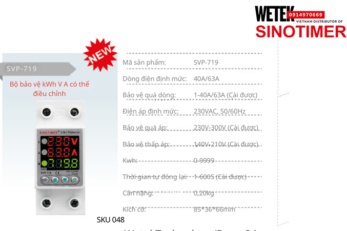 (SKU 048) SVP-719 40A/63A bảo vệ Quá dòng Quá áp Thấp áp Sinotimer