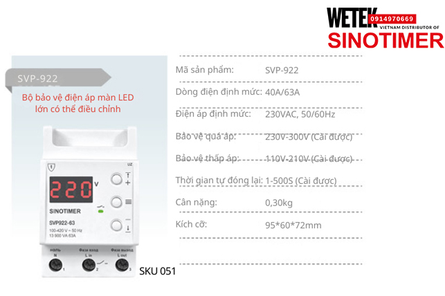 (SKU 051) SVP-922 40A/63A bảo vệ Quá áp Thấp áp Sinotimer