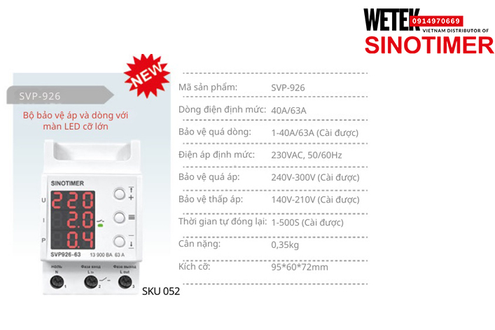 (SKU 052) SVP-926 40A/63A bảo vệ Quá dòng Quá áp Thấp áp Sinotimer