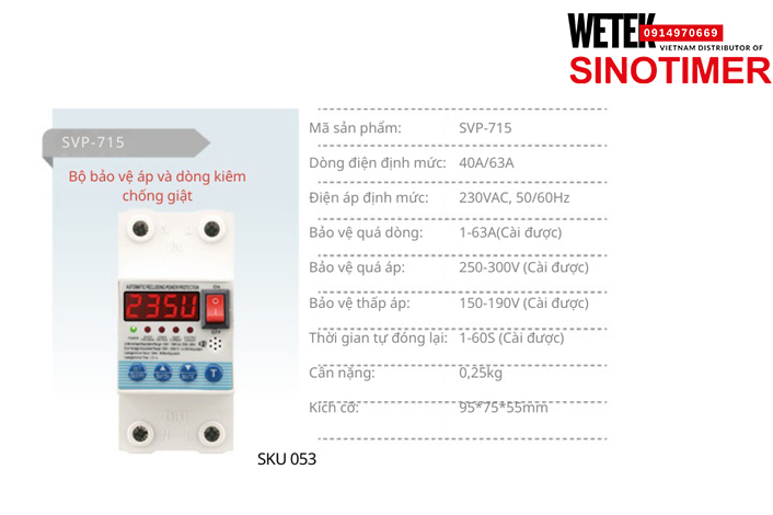 (SKU 053) SVP-715 40A/63A bảo vệ Quá dòng Quá áp Thấp áp Sinotimer