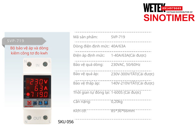 (SKU 056) SVP-719 40A/63A bảo vệ Quá dòng Quá áp Thấp áp Sinotimer