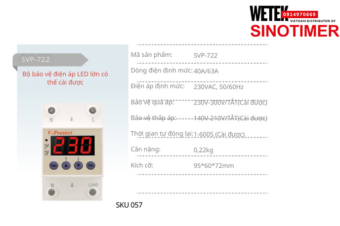 (SKU 057) SVP-722 40A/63A bảo vệ Quá áp Thấp áp Sinotimer