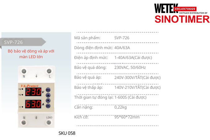 (SKU 058) SVP-726 40A/63A bảo vệ Quá dòng Quá áp Thấp áp Sinotimer