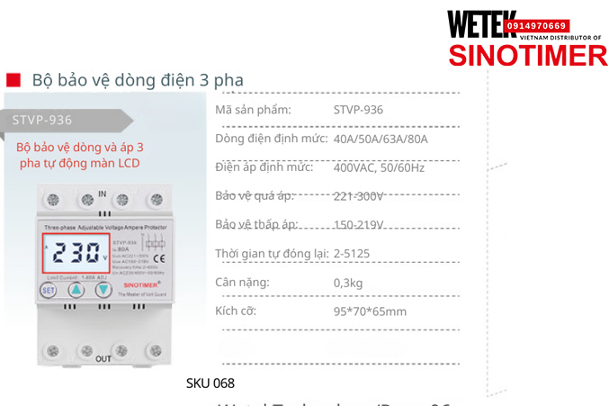 (SKU 068) STVP-936 40A/50A/63A/80A bảo vệ Quá áp Thấp áp Sinotimer