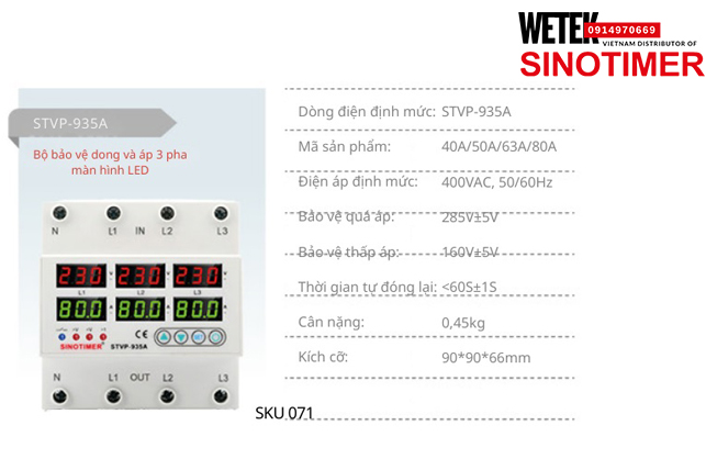 (SKU 071) STVP-935A 40A/50A/63A/80A bảo vệ Quá áp Thấp áp Sinotimer
