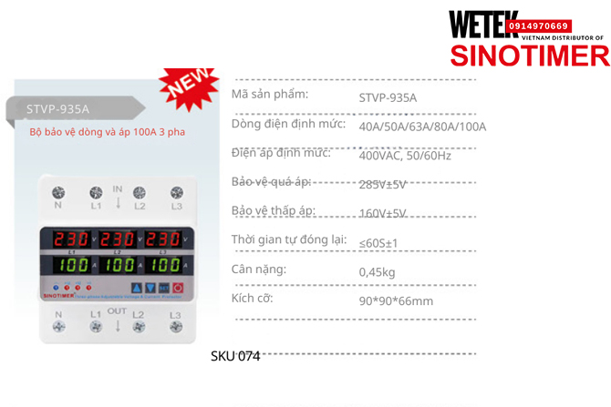 (SKU 074) STVP-935A 40A/50A/63A/80A/100A bảo vệ Quá áp Thấp áp Sinotimer