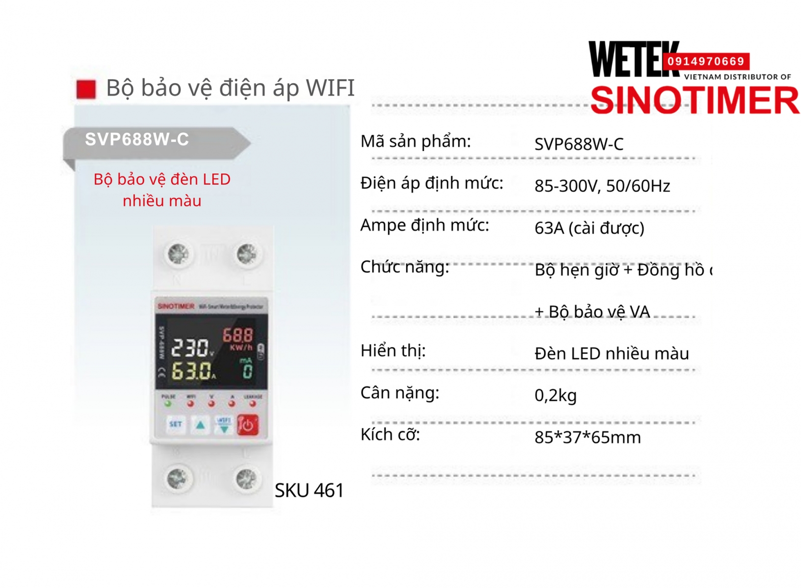 (SKU 461) Đồng hồ công tơ  SVP688W-C Sinotimer 63A (cài được) 85-300V, 50/60Hz