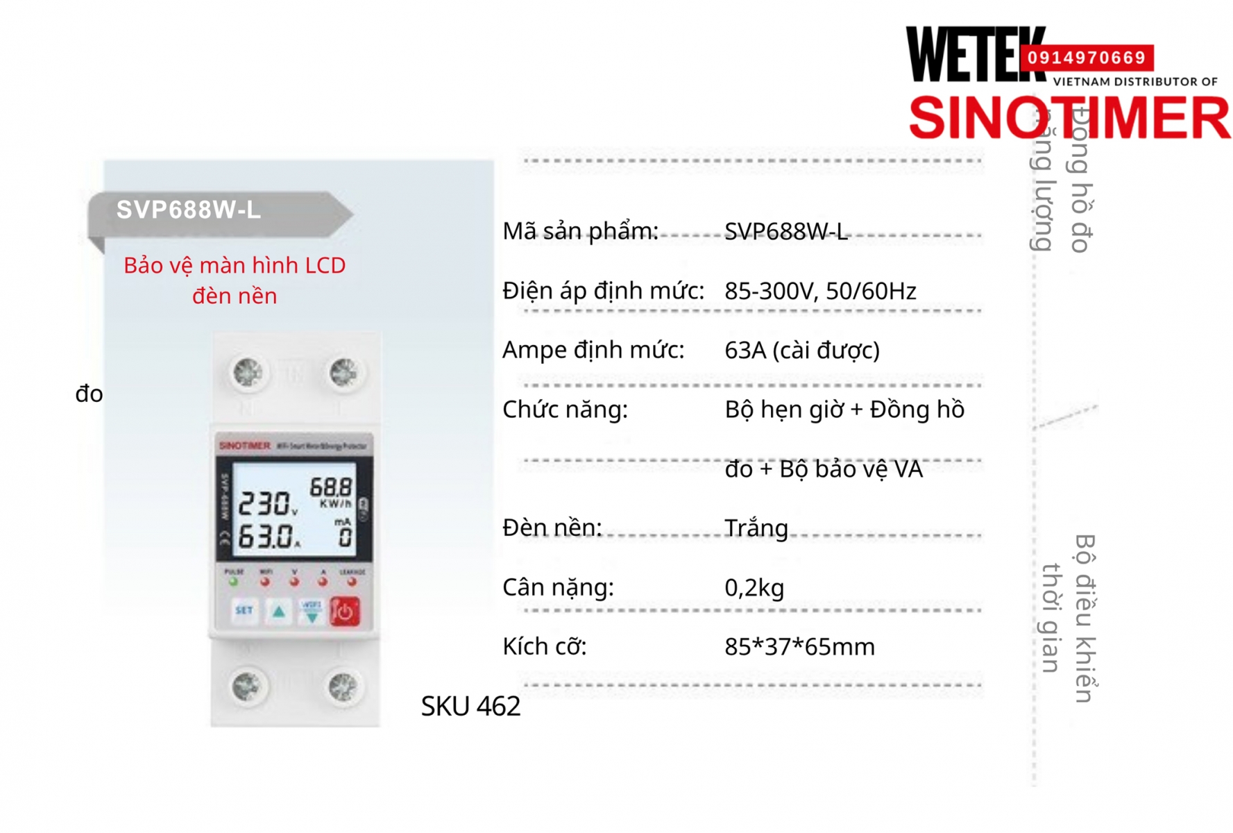 (SKU 462) Đồng hồ công tơ  SVP688W-L Sinotimer 63A (cài được) 85-300V, 50/60Hz