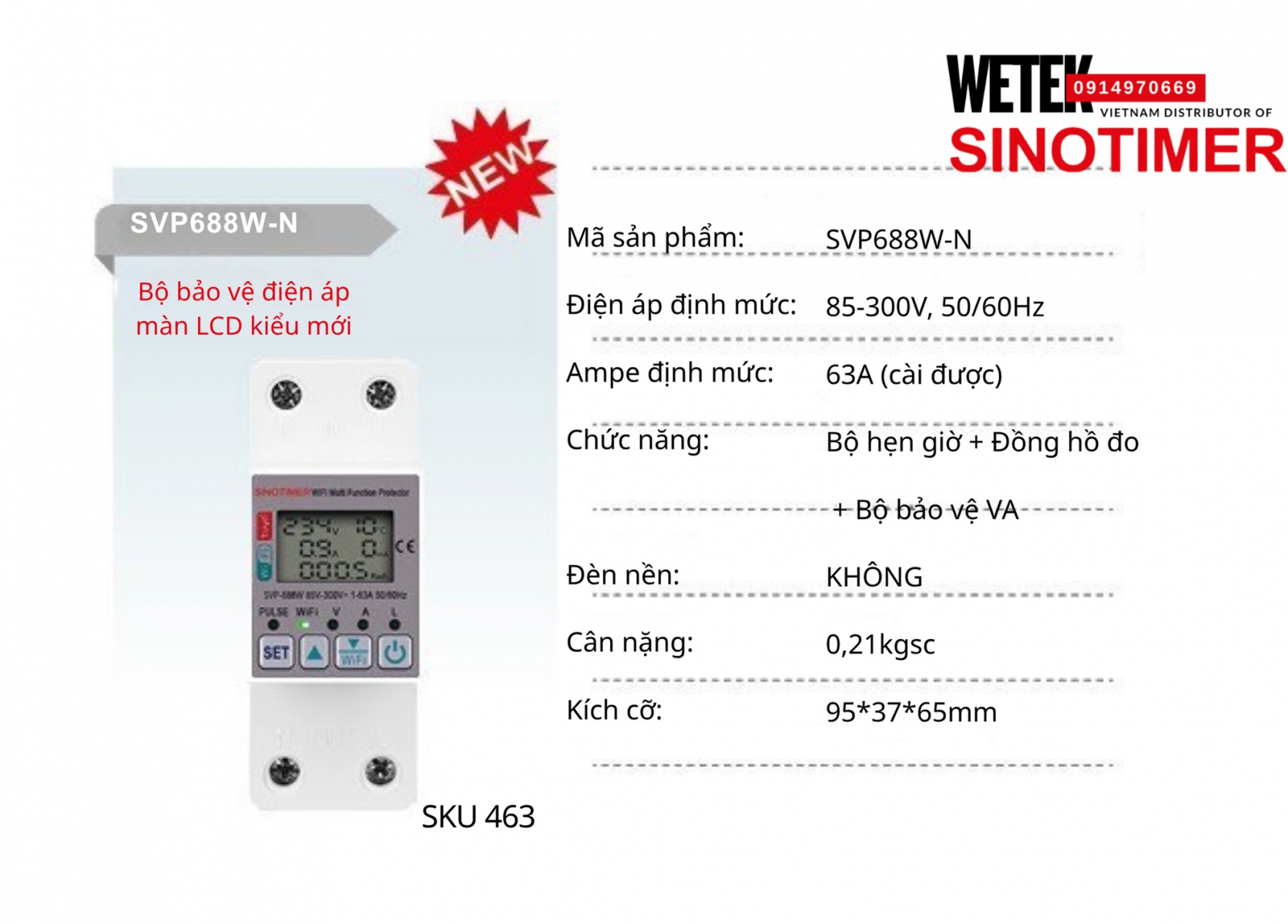 (SKU 463) Đồng hồ công tơ  SVP688W-N Sinotimer 63A (cài được) 85-300V, 50/60Hz