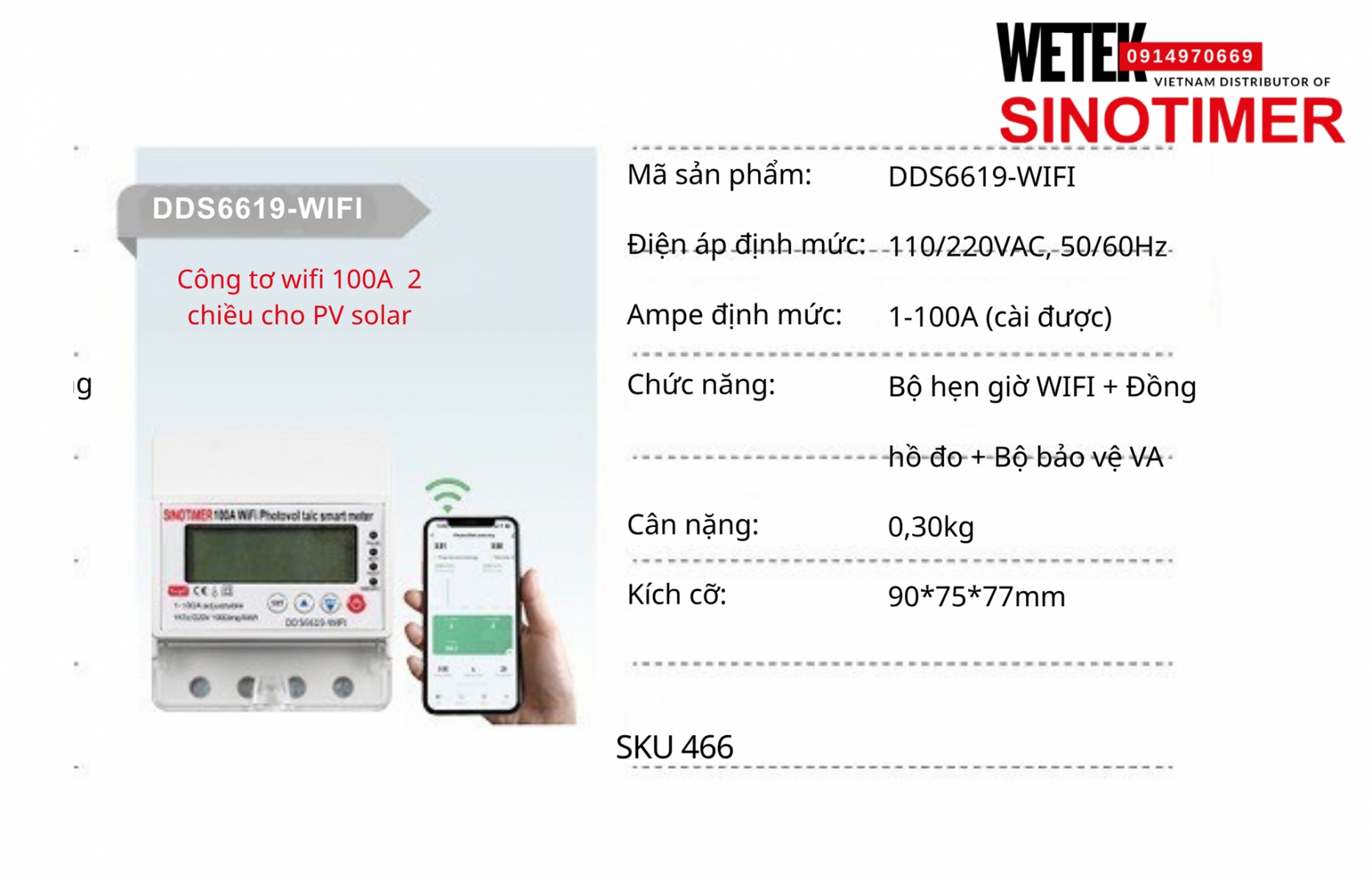 (SKU 466) Đồng hồ công tơ  3 pha wifi DDS6619-WIFI Sinotimer 1-100A (cài được) 110/220VAC, 50/60Hz