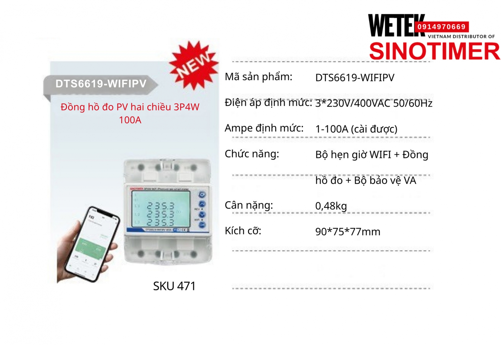 (SKU 471) Đồng hồ công tơ  3 pha wifi cho solar DTS6619-WIFIPV Sinotimer 1-100A (cài được) 3*230V/400VAC 50/60Hz