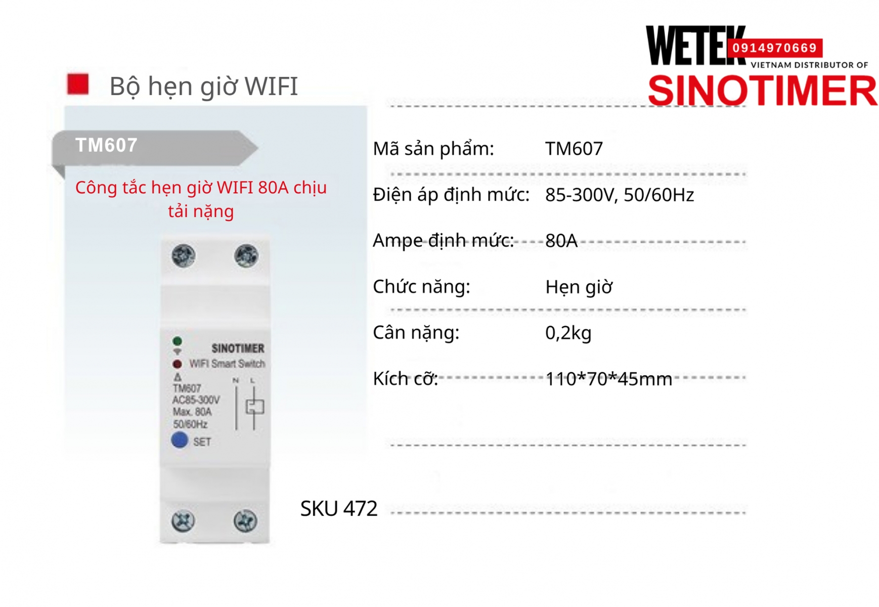 (SKU 472) Công tắc hẹn giờ wifi TM607 Sinotimer 80A 85-300V, 50/60Hz