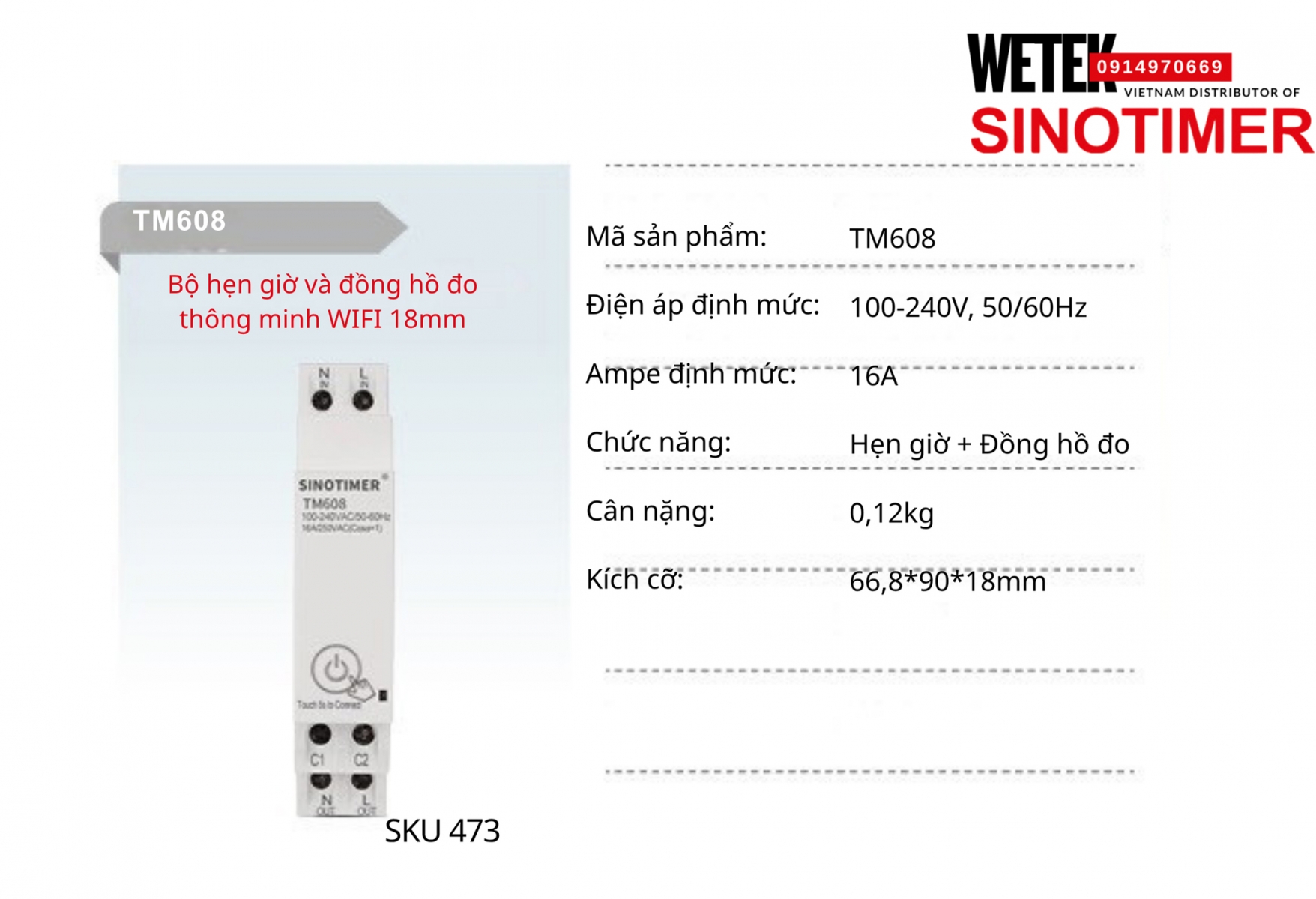 (SKU 473) Công tắc hẹn giờ wifi TM608 Sinotimer 16A 100-240V, 50/60Hz