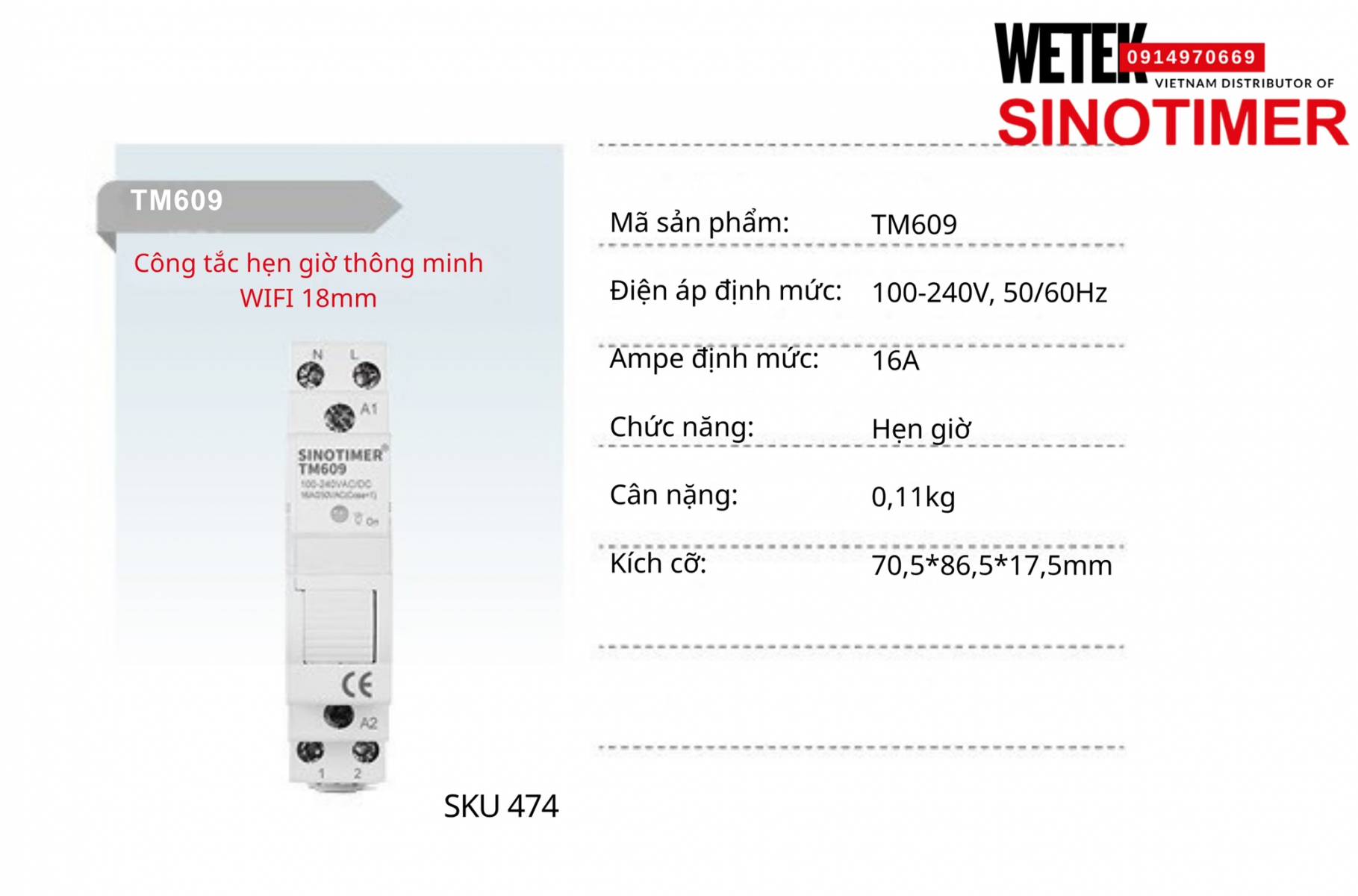 (SKU 474) Công tắc hẹn giờ wifi TM609 Sinotimer 16A 100-240V, 50/60Hz