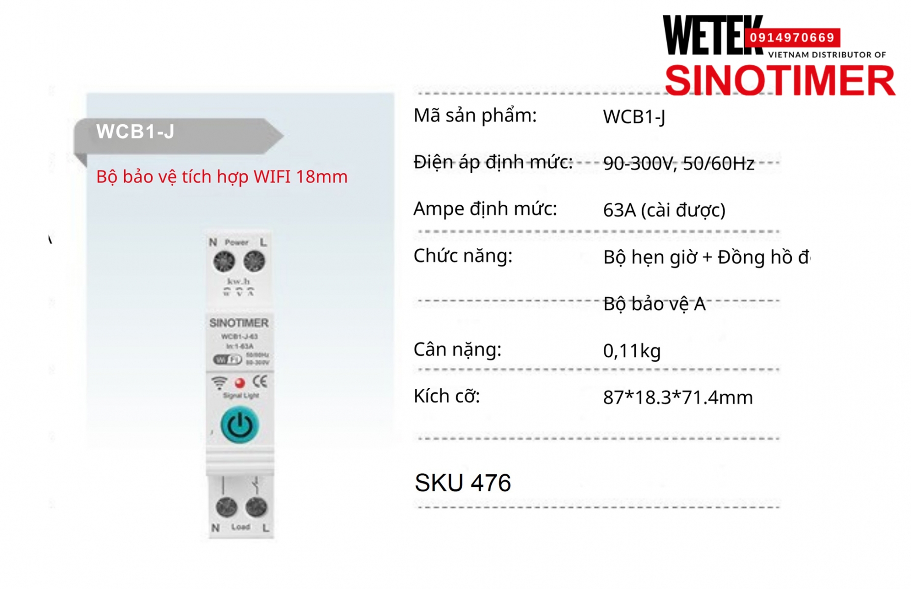 (SKU 476) Bộ bảo vệ đa năng wifi  WCB1-J Sinotimer 63A (cài được) 90-300V, 50/60Hz