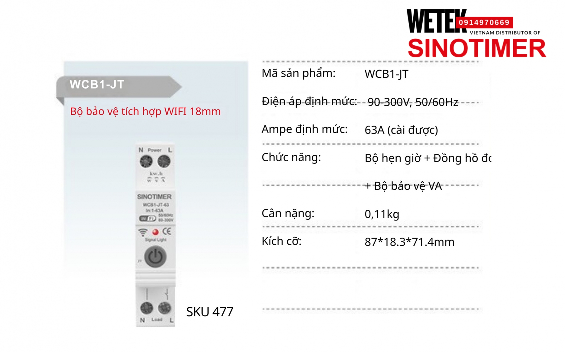 (SKU 477) Đồng hồ công tơ  WCB1-JT Sinotimer 63A (cài được)  90-300V, 50/60Hz