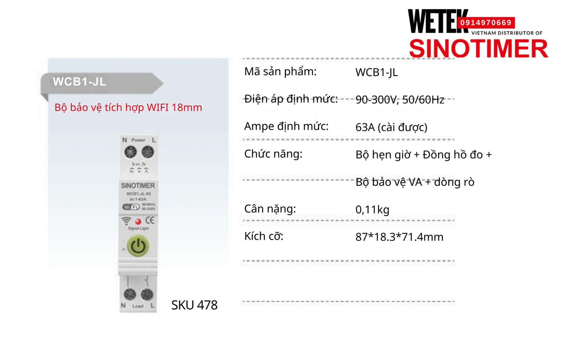 (SKU 478) Bộ bảo vệ đa năng wifi  WCB1-JL Sinotimer 63A (cài được) 90-300V, 50/60Hz