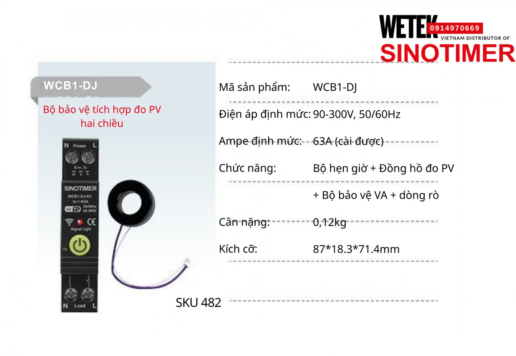 (SKU 482) Bộ bảo vệ đa năng wifi đo 2 chiều WCB1-DJ Sinotimer 63A (cài được) 90-300V, 50/60Hz