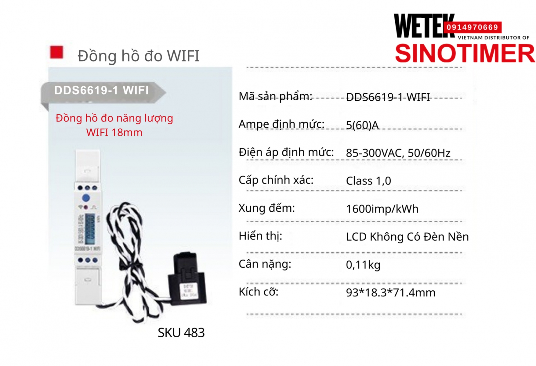(SKU 483) Đồng hồ công tơ  DDS6619-1 WIFI Sinotimer 85-300VAC, 50/60Hz 5(60)A
