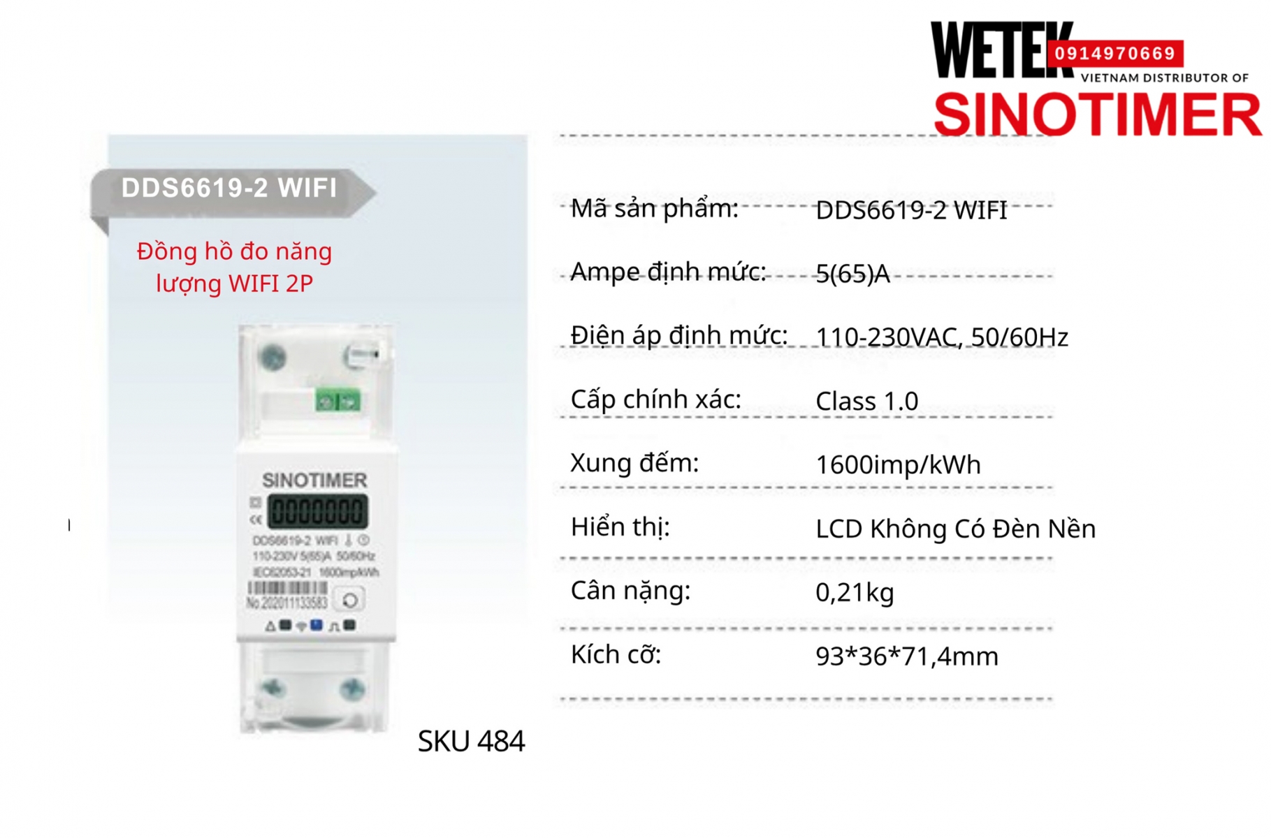 (SKU 484) Đồng hồ công tơ  DDS6619-2 WIFI Sinotimer 110-230VAC, 50/60Hz 5(65)A