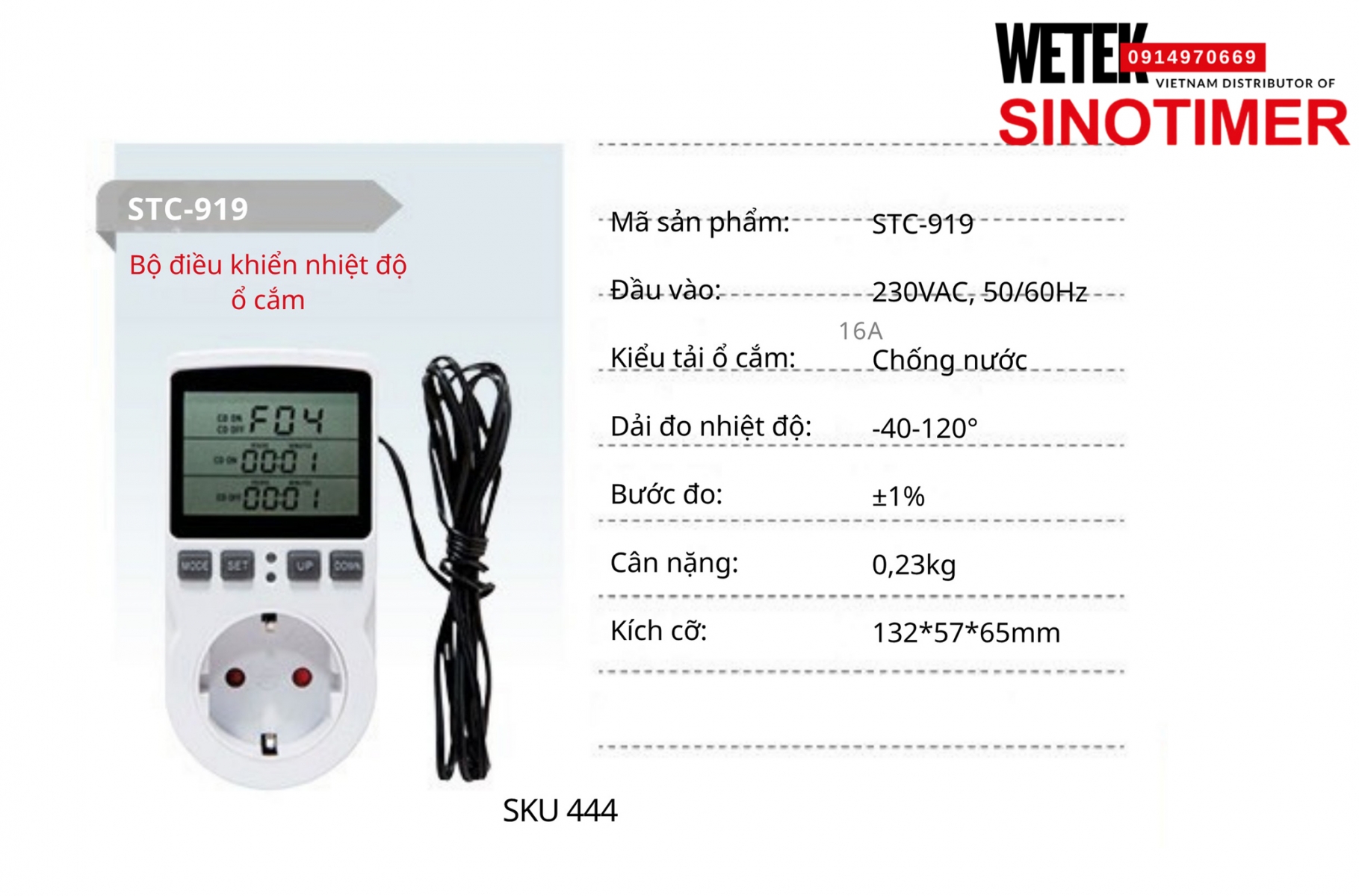 (SKU 444) Bộ điều khiển nhiệt độ kiểu ổ cắm STC-919 Sinotimer