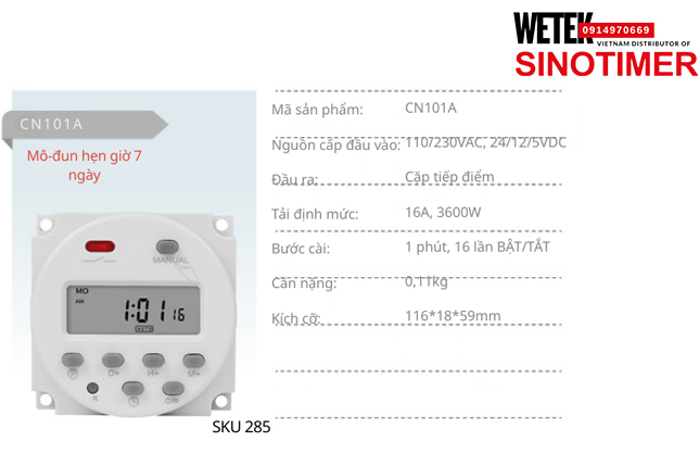 (SKU 285) CN101A Công tắc hẹn giờ 110/230VAC, 24/12/5VDC  đầu ra kiểu Cặp tiếp điểm 16A, 3600W Sinotimer