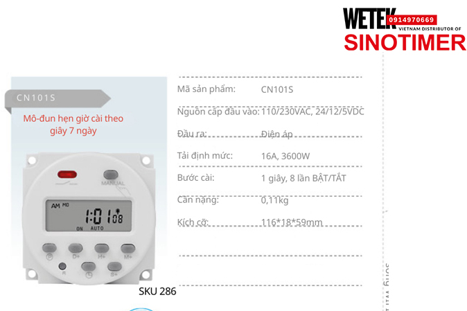 (SKU 286) CN101S Công tắc hẹn giờ 110/230VAC, 24/12/5VDC đầu ra kiểu Điện áp  16A, 3600W Sinotimer