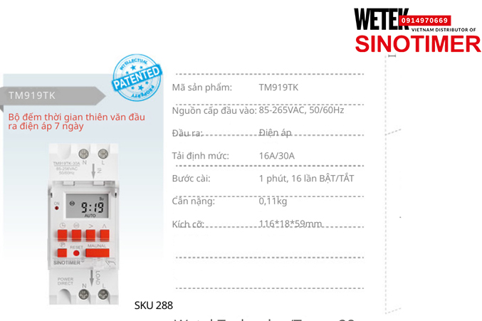 (SKU 288) TM919TK Công tắc hẹn giờ 85-265VAC, 50/60Hz đầu ra kiểu Điện áp  16A/30A Sinotimer