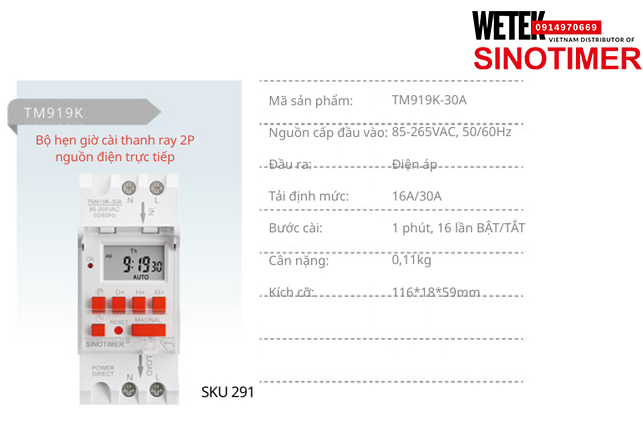 (SKU 291) TM919K-30A Công tắc hẹn giờ 85-265VAC, 50/60Hz đầu ra kiểu Điện áp  16A/30A Sinotimer