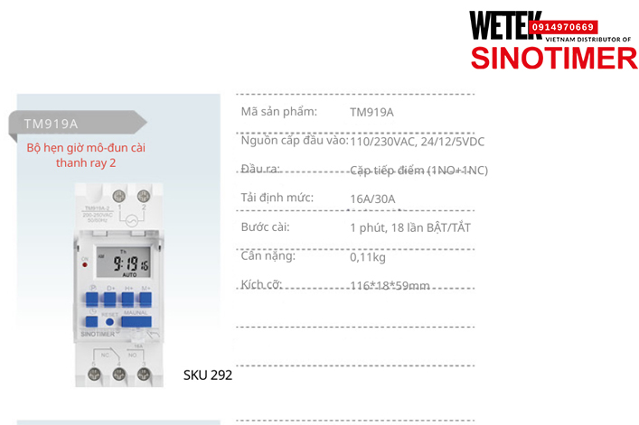 (SKU 292) TM919A Công tắc hẹn giờ 110/230VAC, 24/12/5VDC  đầu ra kiểu Cặp tiếp điểm (1NO+1NC) 16A/30A Sinotimer