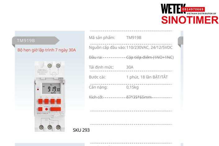 (SKU 293) TM919B Công tắc hẹn giờ 110/230VAC, 24/12/5VDC  đầu ra kiểu Cặp tiếp điểm (1NO+1NC) 30A Sinotimer