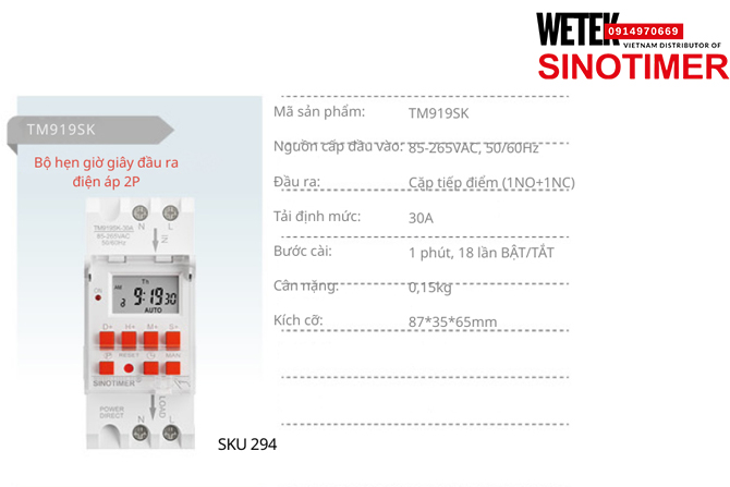(SKU 294) TM919SK Công tắc hẹn giờ 85-265VAC, 50/60Hz  đầu ra kiểu Cặp tiếp điểm (1NO+1NC) 30A Sinotimer