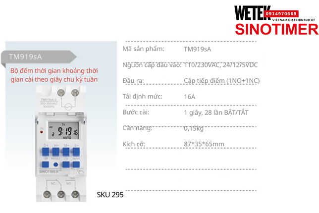 (SKU 295) TM919sA Công tắc hẹn giờ 110/230VAC, 24/12/5VDC  đầu ra kiểu Cặp tiếp điểm (1NO+1NC) 16A Sinotimer